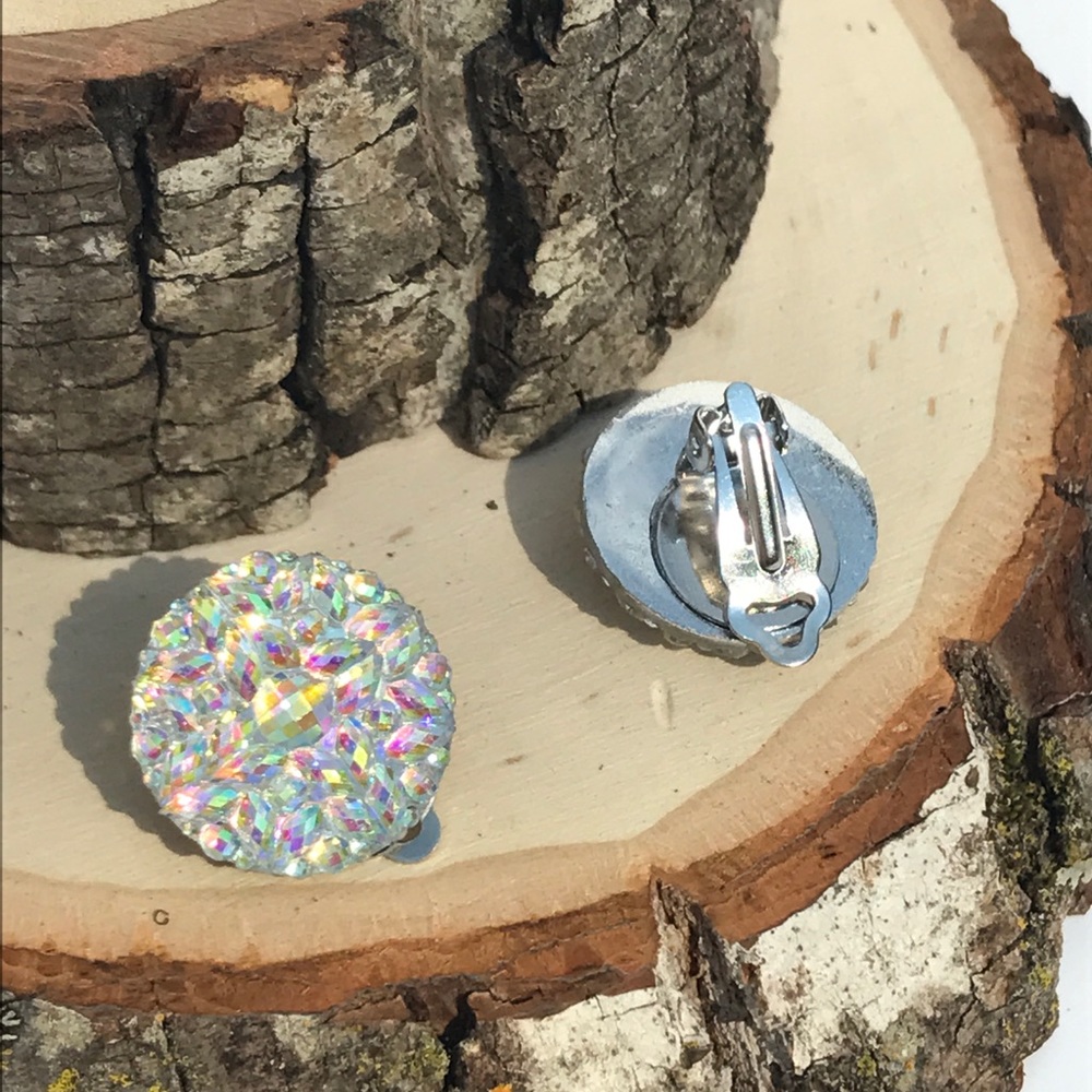 Iridescent Circle Stud Clip On Earrings - Picture 3 of 5